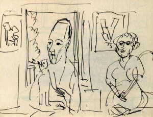 Ernst Ludwig Kirchner acudió a Berna en 1934 a una exposición de Otto-Meyer Amdem y visitó a Klee y a Lily, que ya vivían en Berna. De esa visita surgió este dibujo de Kirchner sobre Klee y Lily. 
